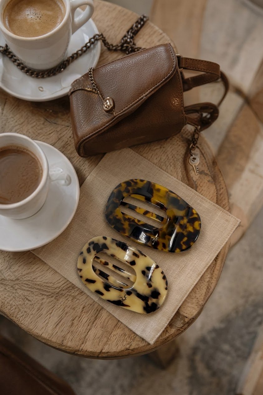 YOUR LIGHT hair clips on a Milan café table